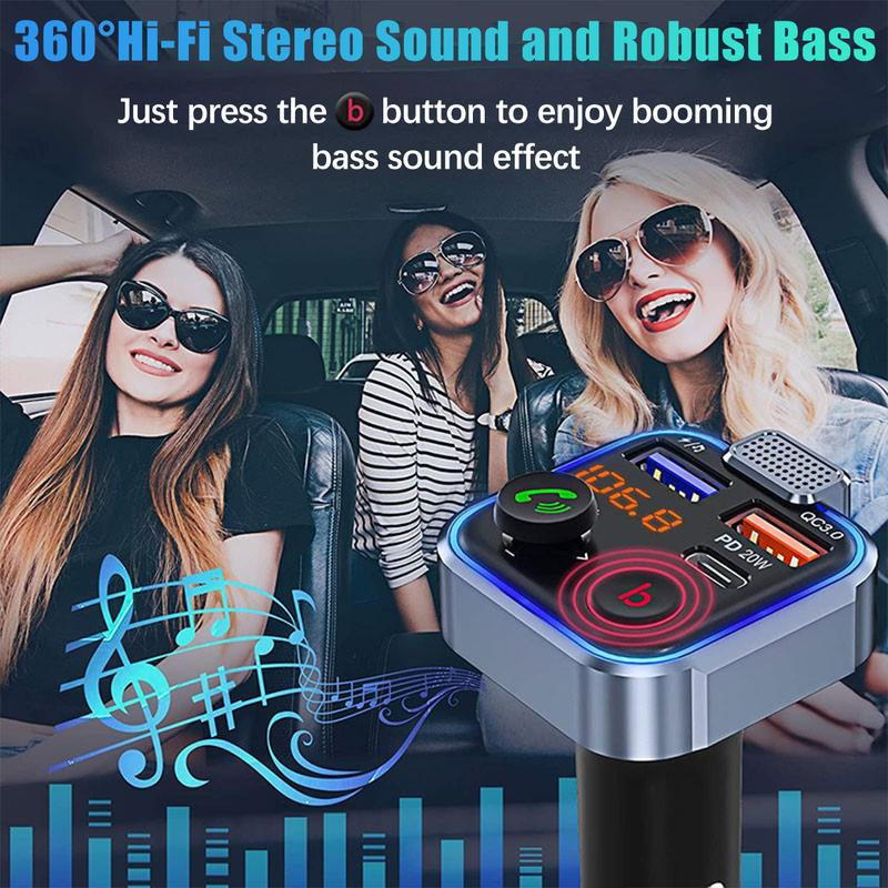 Wireless 5.0 FM Radio Transmitter for Car, Summer MP3 Music Player, QC3.0 PD 20W USB Car Charger with Ambient Light & Hands-Free Phone Calling, Car Accessories