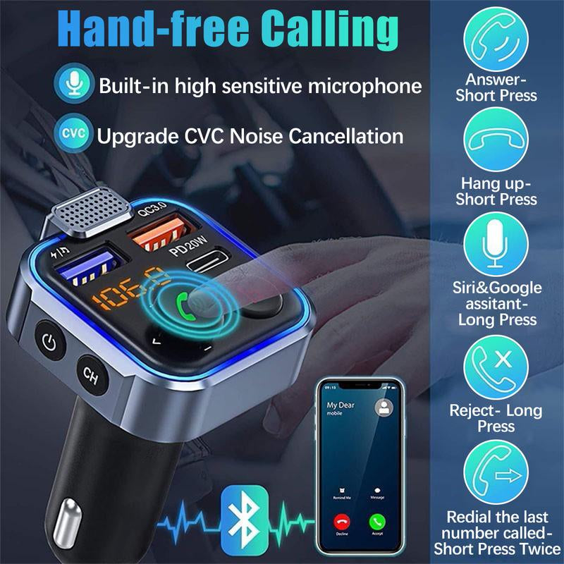 Wireless 5.0 FM Radio Transmitter for Car, Summer MP3 Music Player, QC3.0 PD 20W USB Car Charger with Ambient Light & Hands-Free Phone Calling, Car Accessories