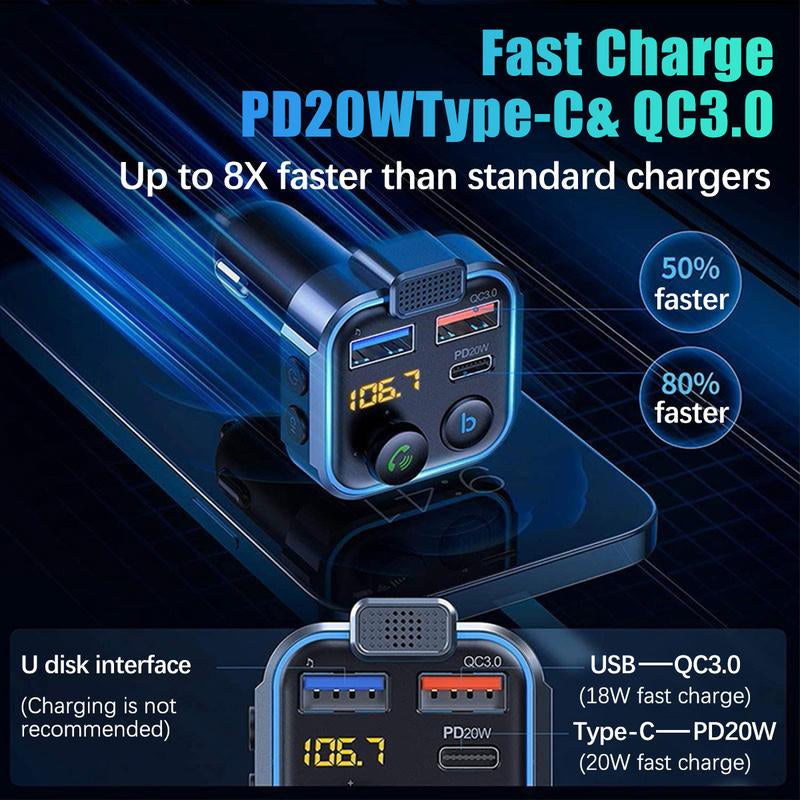 Wireless 5.0 FM Radio Transmitter for Car, Summer MP3 Music Player, QC3.0 PD 20W USB Car Charger with Ambient Light & Hands-Free Phone Calling, Car Accessories