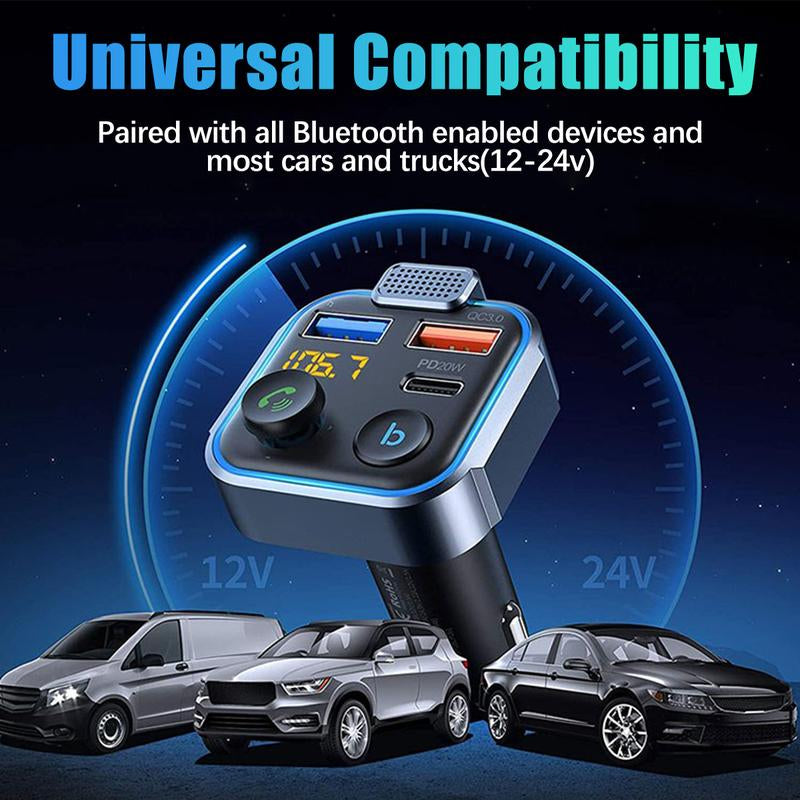 Wireless 5.0 FM Radio Transmitter for Car, Summer MP3 Music Player, QC3.0 PD 20W USB Car Charger with Ambient Light & Hands-Free Phone Calling, Car Accessories