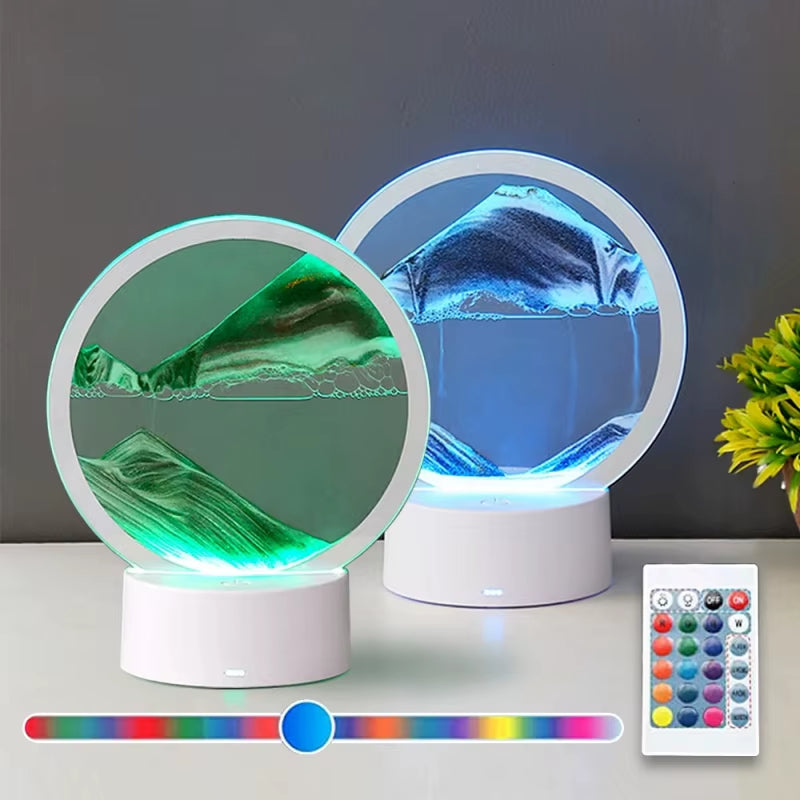 Color LED Flowing Sand Painting Table Lamp 3D Moving Sand Art Picture round Glass Hourglass Night Light Bedside Lamp Home Decor