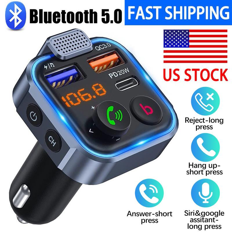 Wireless 5.0 FM Radio Transmitter for Car, Summer MP3 Music Player, QC3.0 PD 20W USB Car Charger with Ambient Light & Hands-Free Phone Calling, Car Accessories