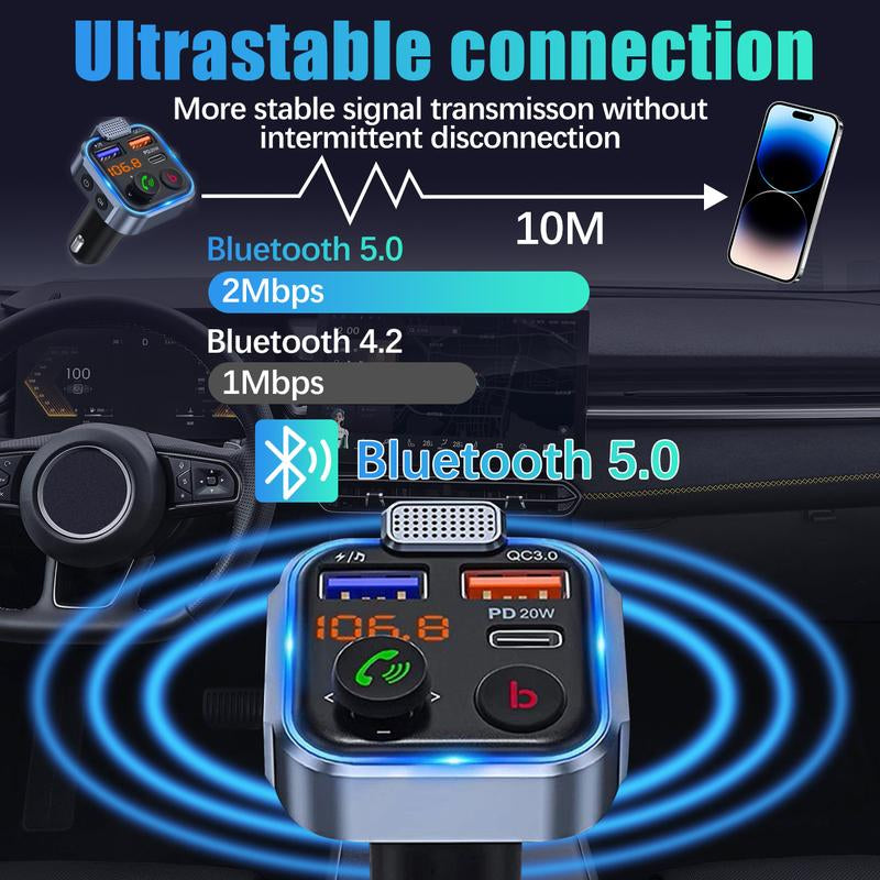 Wireless 5.0 FM Radio Transmitter for Car, Summer MP3 Music Player, QC3.0 PD 20W USB Car Charger with Ambient Light & Hands-Free Phone Calling, Car Accessories